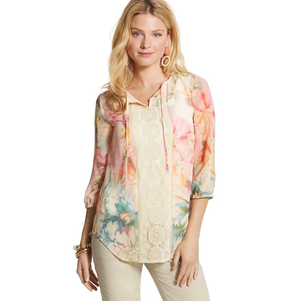 Chico’s Lynelle Pastel Floral Sheer Lace Crochet Bib Top Blouse Shirt XL